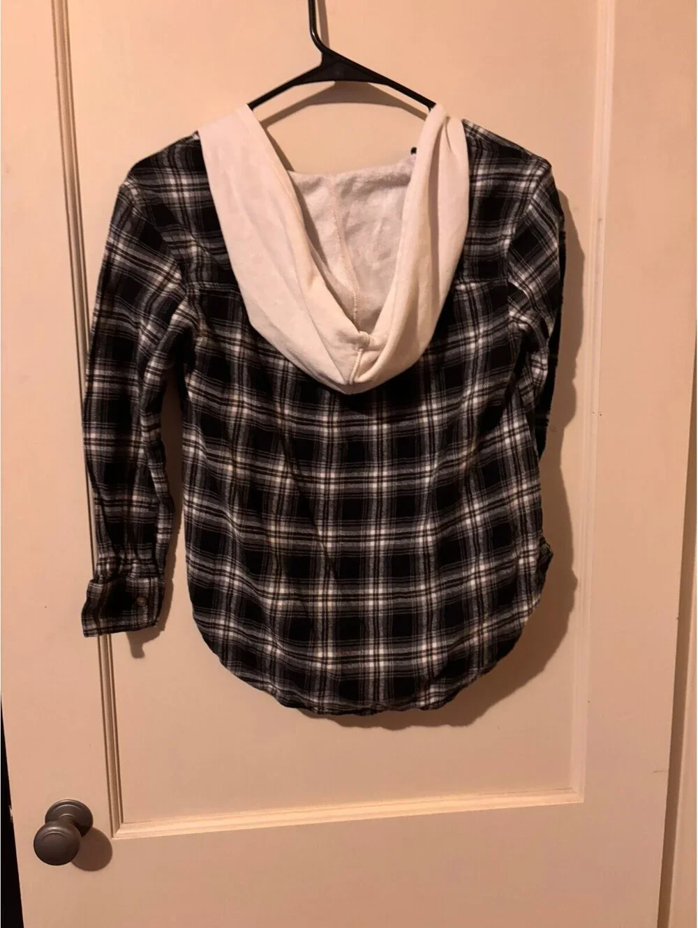 Old Navy Kids's Black and White Plaid Button-Up Hoodie Shirt, Size Large